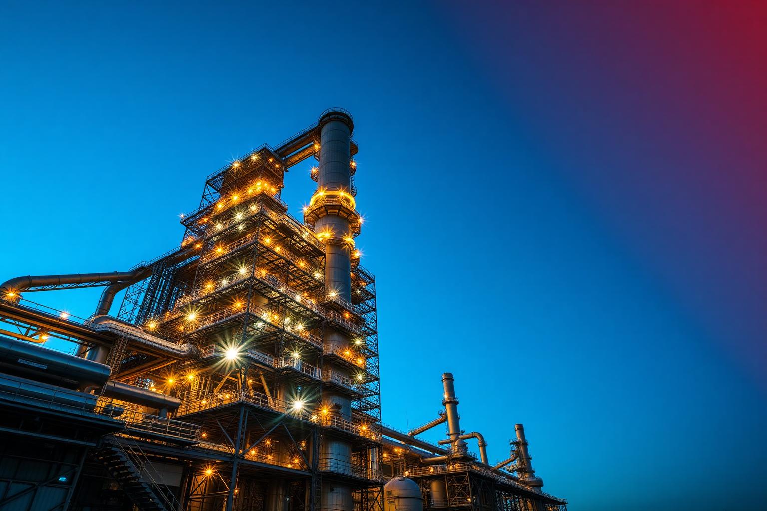 Planta industrial iluminada al atardecer — infraestructura Soiven